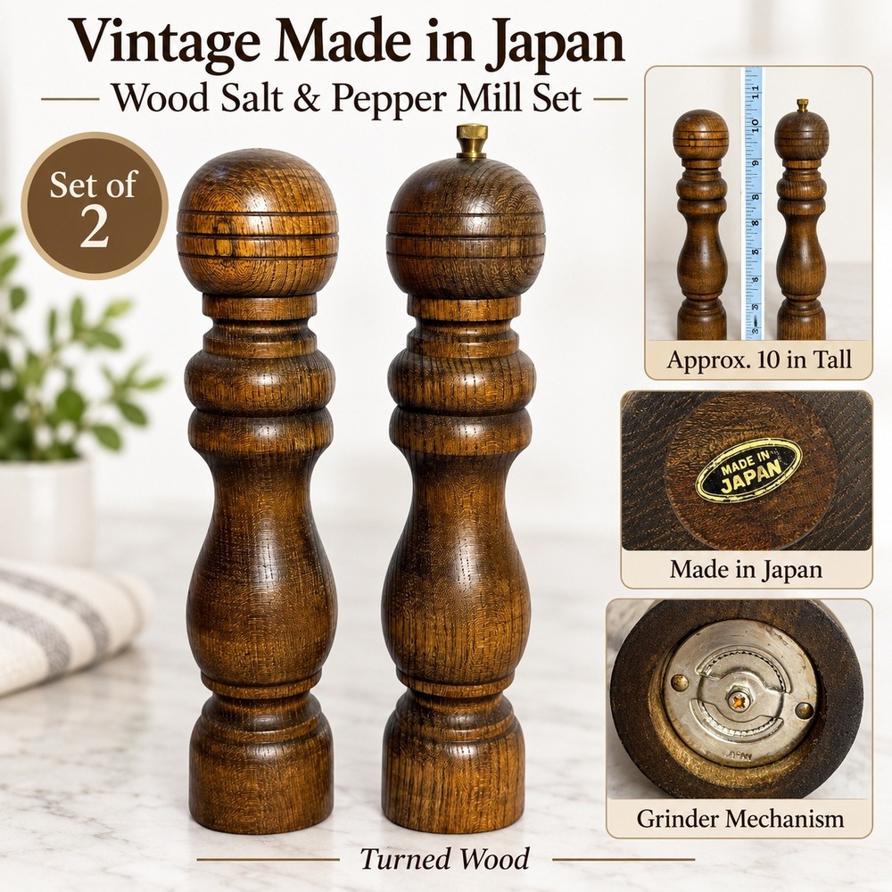 Vintage Mid Century Modern Wooden Pepper Mill Grinder and Salt Shaker Set 10in